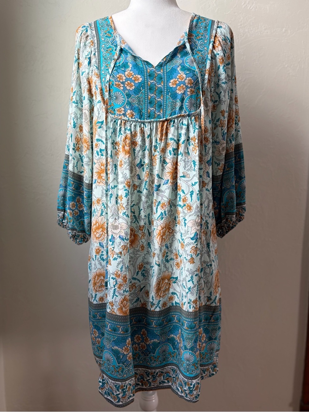 Quarel Boho Floral Mini Dress Blue Teal Mustard Flowy Peasant Size M
